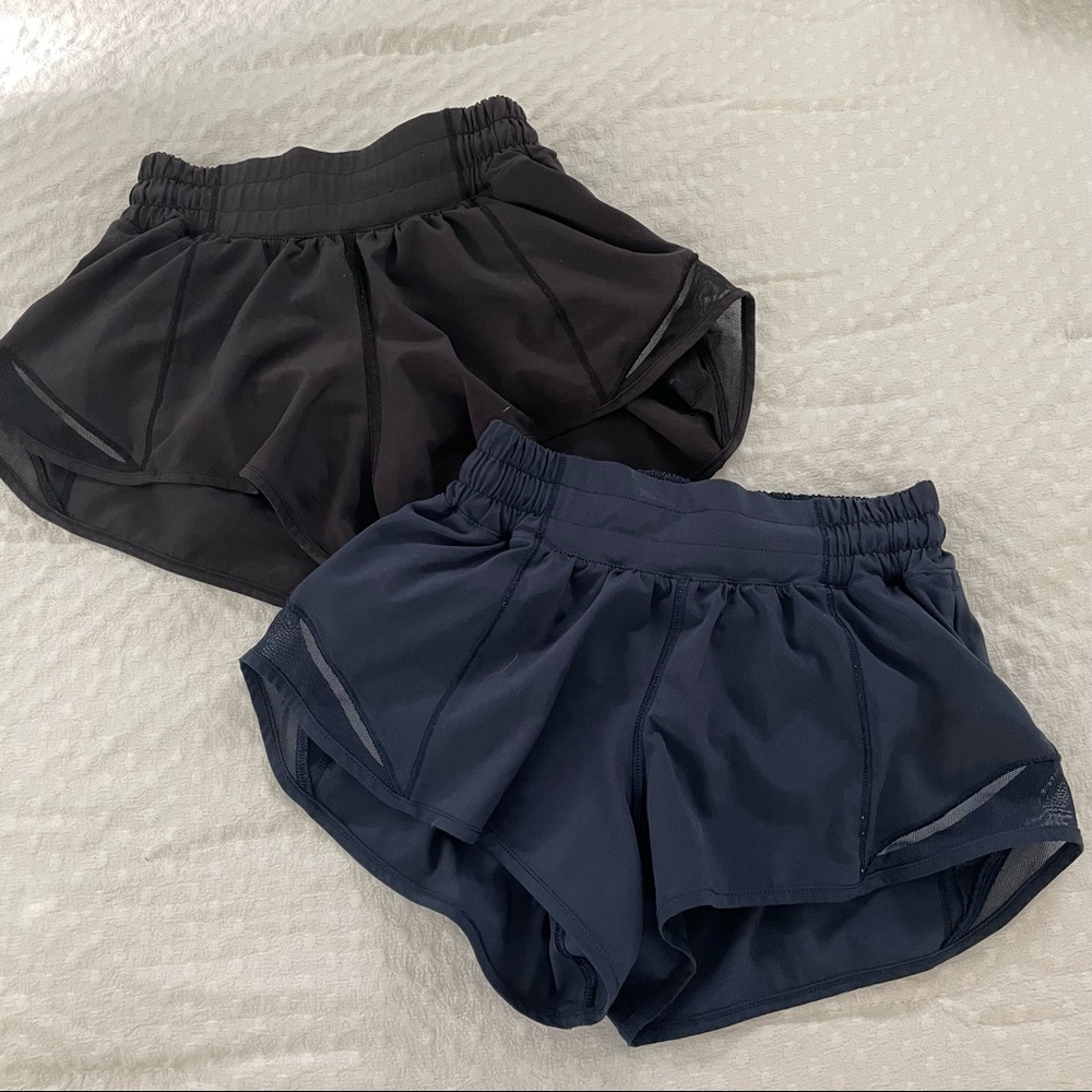 Black and Navy Blue Lululemon Hotty Hot Shorts